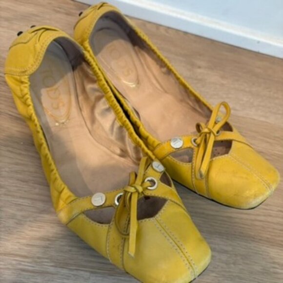 TODS Foldable Yellow Leather Ballet Flats 38/ 8 - Picture 2 of 9